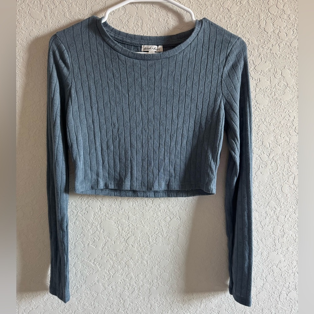 Derek Heart Blue Ribbed Long Sleeve Crop Top